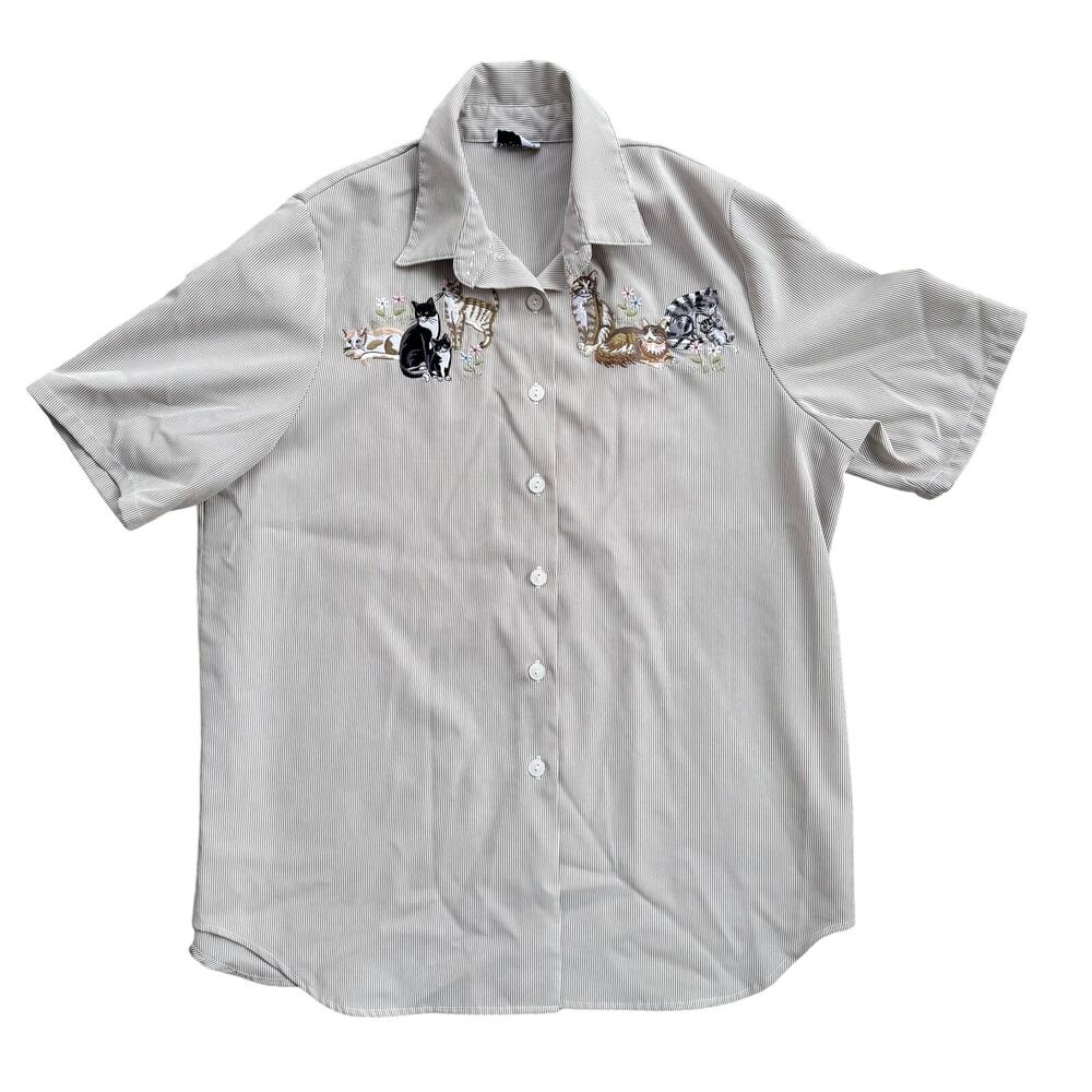 Vtg 1990s Bonsworth Button Down Shirt Women's Petite Playful Kittens Embroidered - Picture 2 of 5